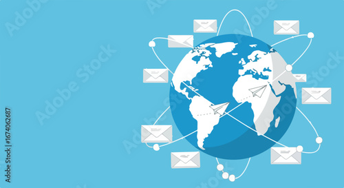 Global communication with emails and messages on a clean blue background. World Post Day, copy space