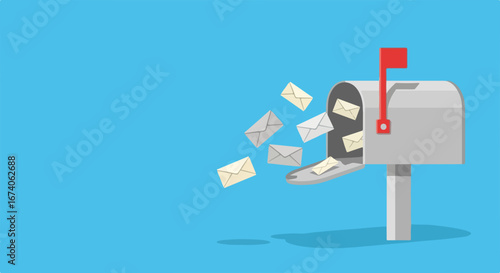Mailbox overflowing with letters against a bright blue background. World Post Day, copy space