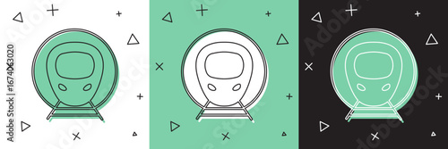 Set Train and railway icon isolated on white and green, black background. Public transportation symbol. Subway train transport. Metro underground. Vector