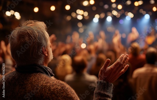 Congregation worshiping with their hands while attending an evangelical church service
