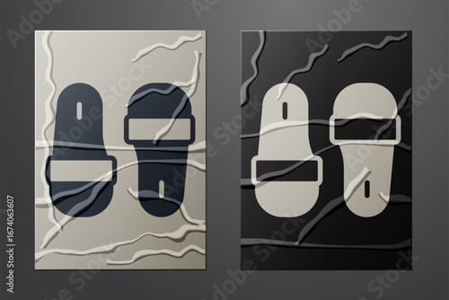 White Sauna slippers icon isolated on crumpled paper background. Paper art style. Vector