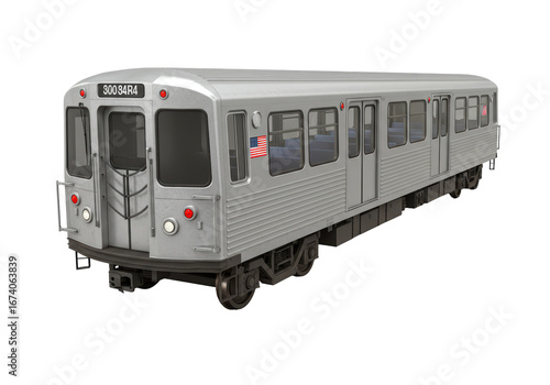 Isolated NYCTA subway car, train model on transport rails against a plain background