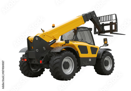 Isolated yellow telehandler forklift truck used in construction and agriculture industry