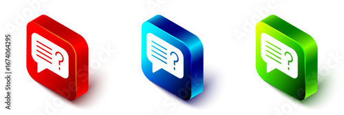 Isometric Unknown search icon isolated on white background. Magnifying glass and question mark. Red, blue and green square button. Vector