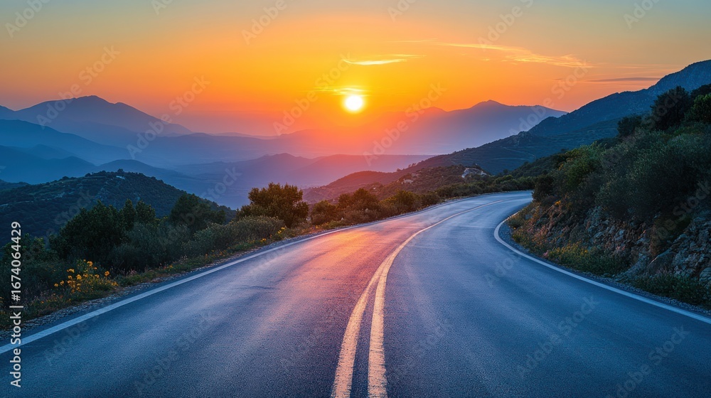 Fototapeta premium Winding road sunset mountain landscape, travel scenic