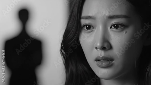 Crying Woman with Shadow Figure in Monochrome Studio