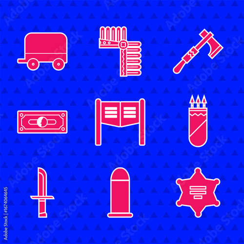 Set Saloon door, Bullet, Hexagram sheriff, Quiver with arrows, Military knife, Stacks paper money cash, Tomahawk axe and Wild west covered wagon icon. Vector