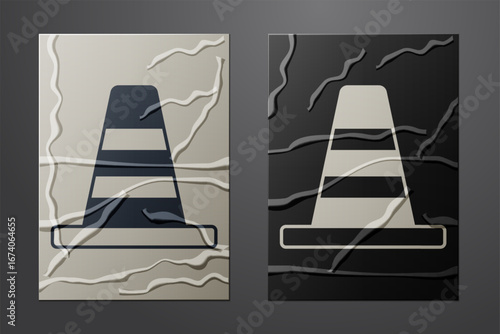 White Traffic cone icon isolated on crumpled paper background. Paper art style. Vector