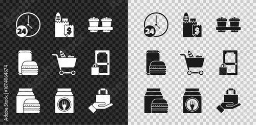 Set Clock 24 hours, Online ordering and delivery, Coffee cup to go, burger, and Shopping cart food icon. Vector