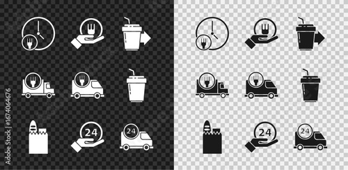Set Round the clock delivery, Online ordering and, Coffee cup to go, Shopping bag food, Clock 24 hours, Fast by car, and icon. Vector