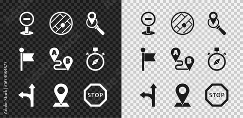Set Stop sign, Folded map with location, Search, Road traffic, Location, marker and Route icon. Vector