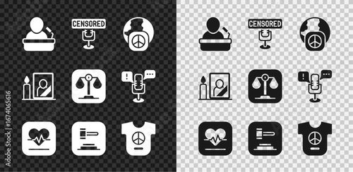 Set Speaker, Censored stamp, International day of peace, Heart rate, Judge gavel, Peace, Mourning photo frame and Scales justice icon. Vector