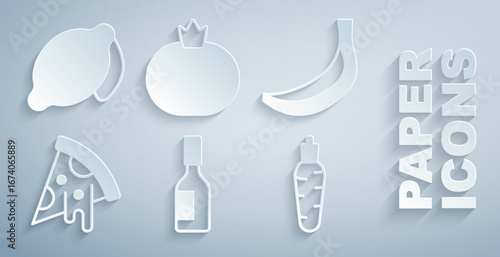 Set Tabasco sauce, Banana, Slice of pizza, Carrot, Tomato and Lemon icon. Vector