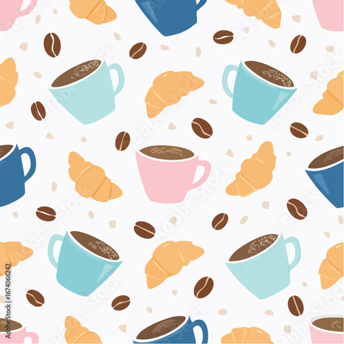 Colorful pattern featuring coffee cups, croissants, and scattered coffee beans on a white background.