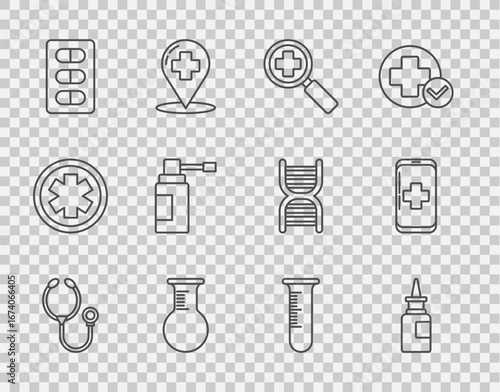 Set line Stethoscope, Magnifying glass for search medical, Test tube and flask, Pills blister pack, Medical bottle with nozzle, and Emergency mobile phone call to hospital icon. Vector