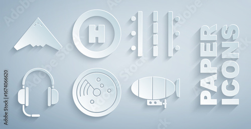 Set Radar with targets on monitor, Airport runway, Headphones microphone, Airship, Helicopter landing pad and Jet fighter icon. Vector