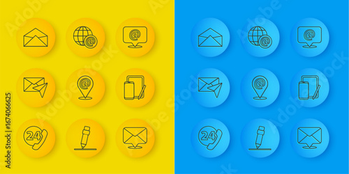 Set line Telephone 24 hours support, Envelope, Location and mail and e-mail, Phone graphic tablet, Mail and Earth globe with icon. Vector