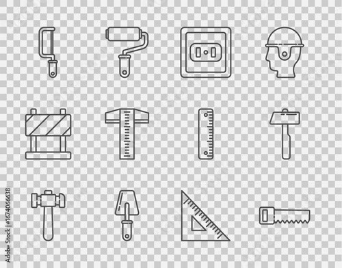 Set line Hammer, Hand saw, Electrical outlet, Trowel, Hacksaw, T-square line, Triangular ruler and icon. Vector