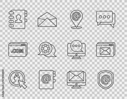 Set line Create account screen, Shield with mail and e-mail, Location, Address book, Speech bubble chat, Monitor envelope and Website icon. Vector