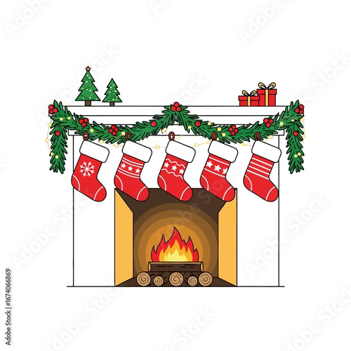 Festive Fireplace with Christmas Stockings and Garland Decoration