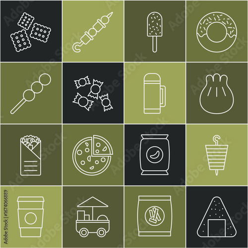 Set line Onigiri, Grilled shish kebab, Khinkali on cutting board, Ice cream, Candy, Meatballs wooden stick, Cracker biscuit and Thermos container icon. Vector