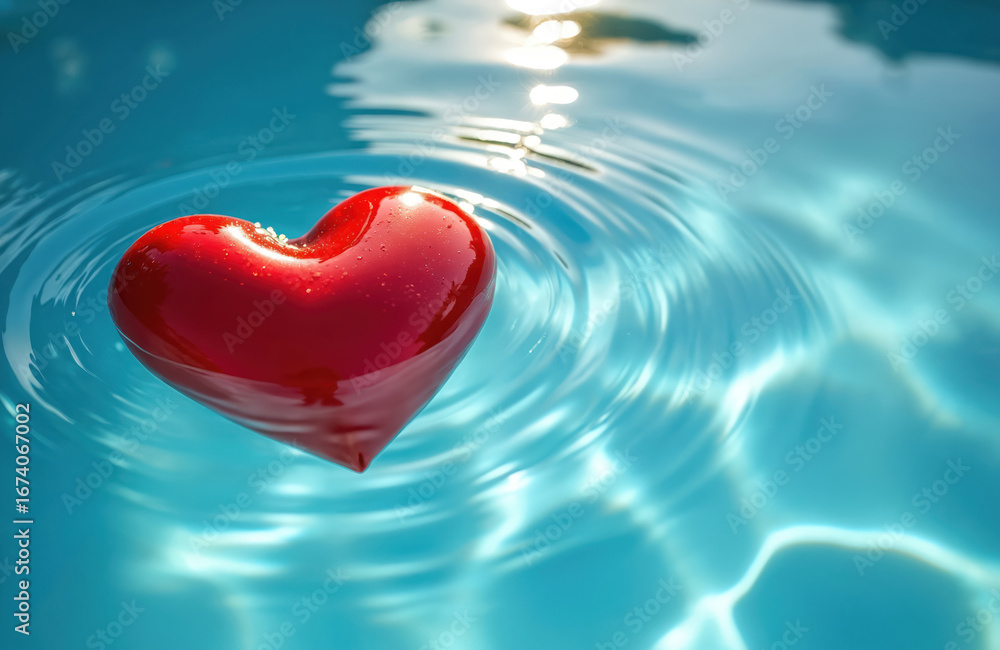 Fototapeta premium Vibrant red heart shape floats on clear blue water surface. Gentle ripples spread outwards from the floating object. Bright sun reflection sparkles on the water, creating a serene, romantic mood.