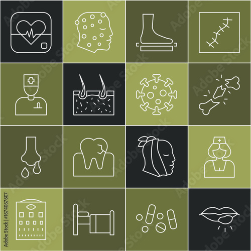 Set line Herpes lip, Nurse, Human broken bone, Flat foot, Hair covering skin, Male doctor, Heart rate and Virus icon. Vector