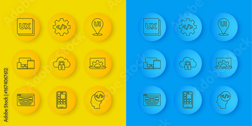 Set line UI or UX design, Monitor, mobile, tablet, Cloud computing lock, Front end development, Web, and icon. Vector