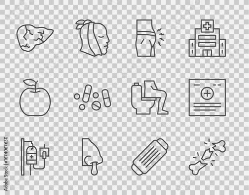 Set line IV bag, Human broken bone, Abdominal bloating, Runny nose, Hepatitis virus, Medicine pill or tablet, Medical protective mask and Clinical record icon. Vector