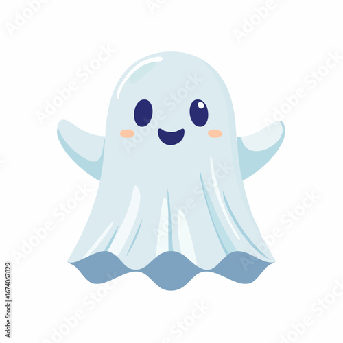 A friendly cartoon ghost with a happy expression and outstretched arms, floating.