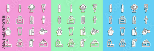 Set line Cream or lotion cosmetic tube, Perfume, Pipette, Round makeup mirror, Mascara brush, Nail file and Bottle of shampoo icon. Vector