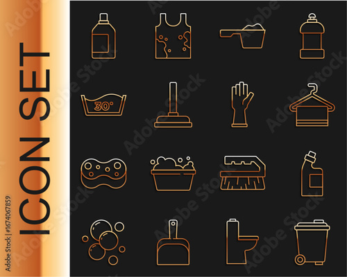 Set line Trash can, Bottle for cleaning agent, Towel on hanger, Washing powder, Rubber plunger, Temperature wash, and gloves icon. Vector