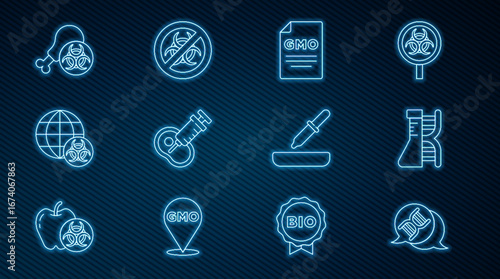 Set line DNA symbol, research, search, GMO, Genetically modified meat, Gmo chicken, Pipette and Stop icon. Vector