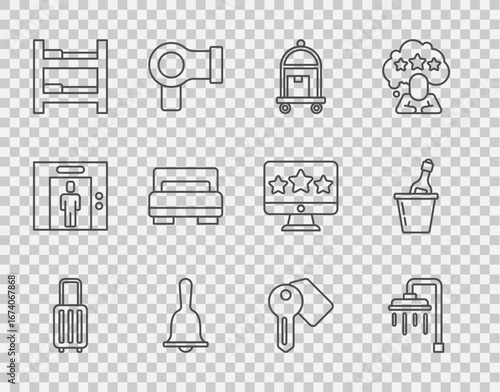 Set line Suitcase, Shower, Hotel service bell, room bed, door lock key and Champagne in an bucket icon. Vector