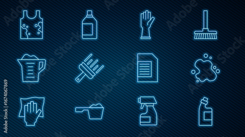 Set line Bottle for cleaning agent, Water spill, Rubber gloves, cleaner windows, Washing powder, Dirty t-shirt, Laundry detergent and icon. Vector