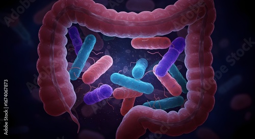 Scientific 3D render of a healthy gut microbiome with probiotic bacteria in abstract environment, ai generation