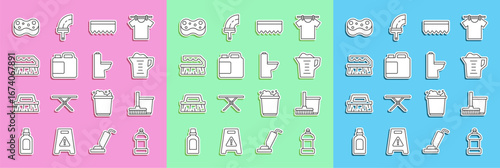 Set line Bottle for cleaning agent, Mop and bucket, Washing powder, Sponge, Brush, and Toilet bowl icon. Vector