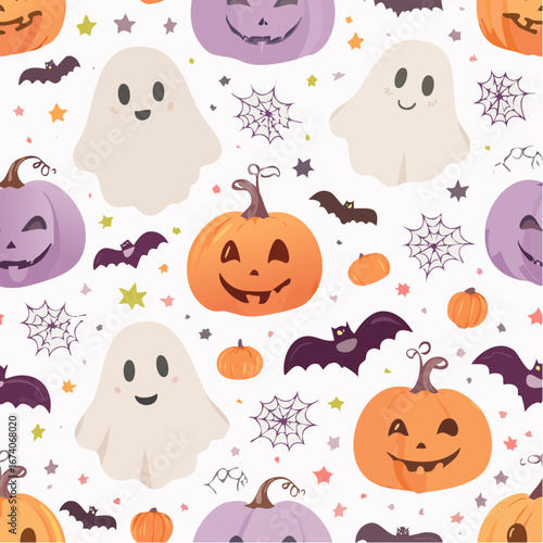 Seamless Halloween pattern featuring smiling pumpkins, friendly ghosts, bats, spiderwebs, and colorful stars scattered on a white background.