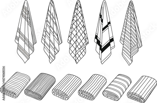 Collection of hand drawn black and white patterned textiles including draped fabrics and rolled bundles