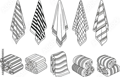 Collection of hand drawn isometric illustrations of folded and hanging textiles with various patterns and textures on a white background