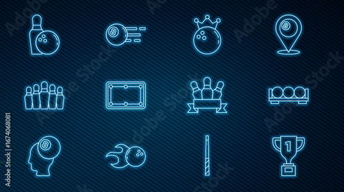Set line Award cup, Billiard balls on stand, Bowling, table, pin, and icon. Vector