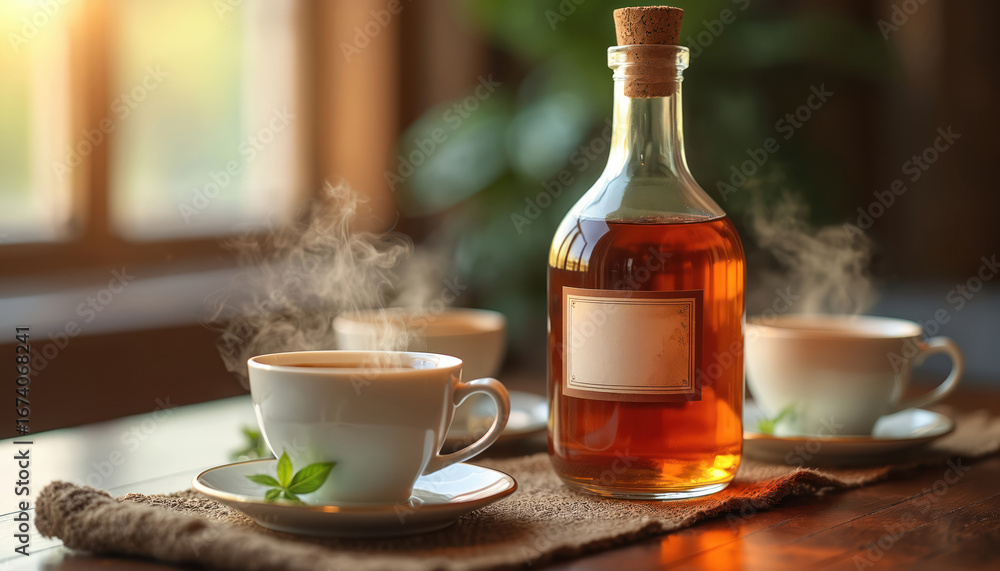 Fototapeta premium Glass bottle with cork stopper, containing amber liquid, possibly tea or herbal infusion. Steaming cups, blank label suggest cozy, inviting atmosphere perfect for product mockups, lifestyle branding.