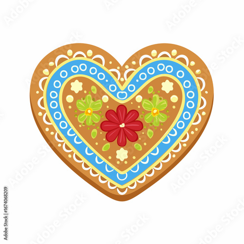 A decorated gingerbread heart cookie with floral and circular designs, outlined in white, on a white background.