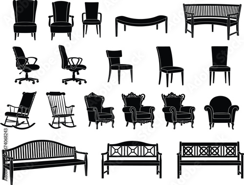 Collection of various antique and modern furniture silhouettes including chairs benches and a sofa on a white background