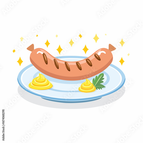Cartoon illustration of a grilled sausage served on a plate with mustard and a sprig of parsley, surrounded by sparkling stars.