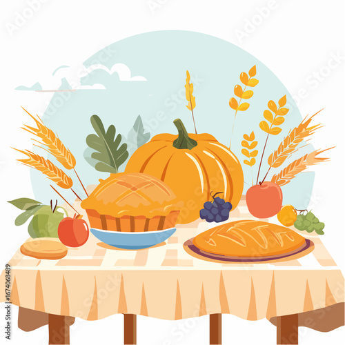 Autumnal harvest bounty displayed on a table, featuring pumpkin pie, apple pie, and bread.