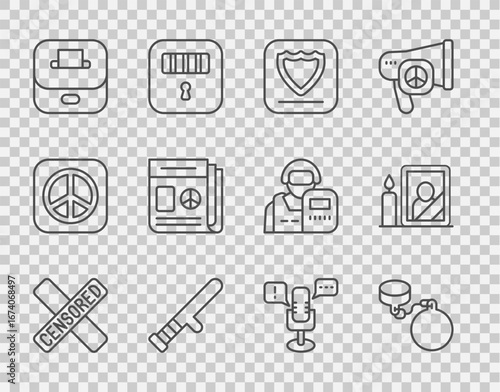 Set line Censored stamp, Ball on chain, Shield, Police rubber baton, Vote box, News, Freedom of speech and Mourning photo frame icon. Vector
