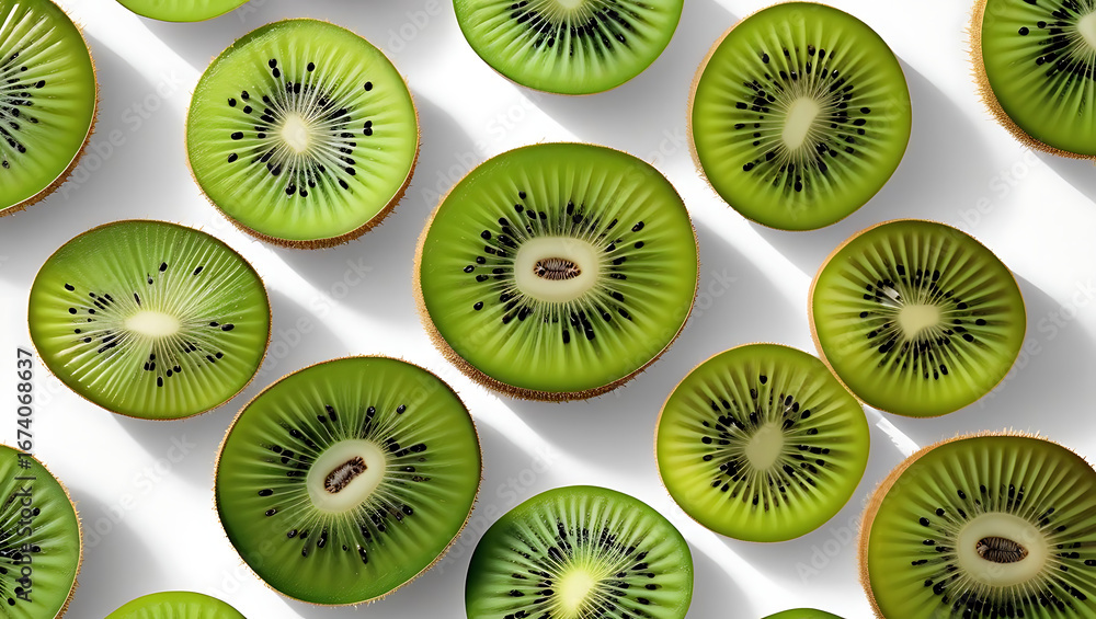 Fototapeta premium A flat lay of bright green kiwi slices arranged on a light background.