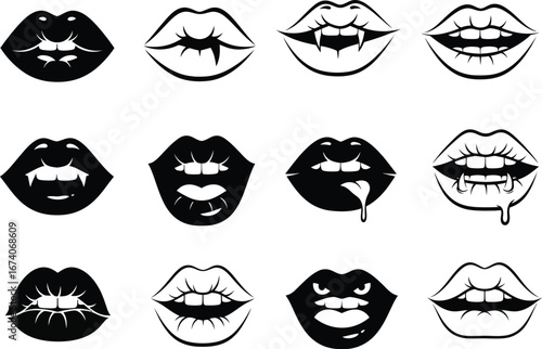Collection of twelve stylized black and white vampire lips with fangs and dripping blood for halloween or gothic themes