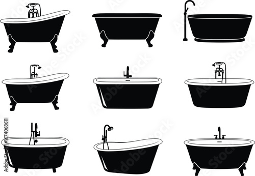 Collection of nine distinct vintage clawfoot bathtubs with faucets and drains showcasing classic bathroom design elements